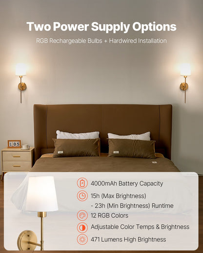 VEVOR Battery Operated Wall Sconce Set of 2, 4000mAh Rechargeable Wireless Wall Lights with Remote Control, 30 Lighting Modes, 12 RGB Colors & Timer, Dimmable Wall Lamp for Living Room Bedroom Hallway - DTBDCDS2J000PDIBKV9 - view 3