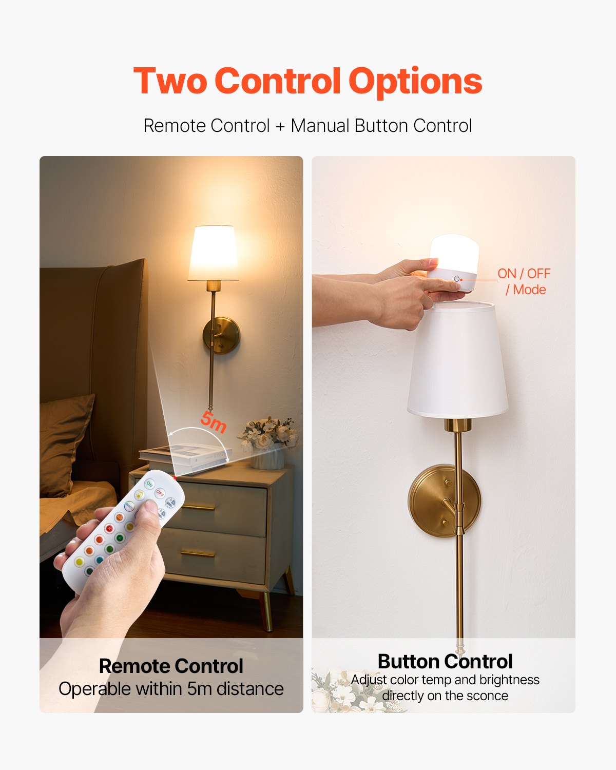 VEVOR Battery Operated Wall Sconce Set of 2, 4000mAh Rechargeable Wireless Wall Lights with Remote Control, 30 Lighting Modes, 12 RGB Colors & Timer, Dimmable Wall Lamp for Living Room Bedroom Hallway - DTBDCDS2J000PDIBKV9 - view 5
