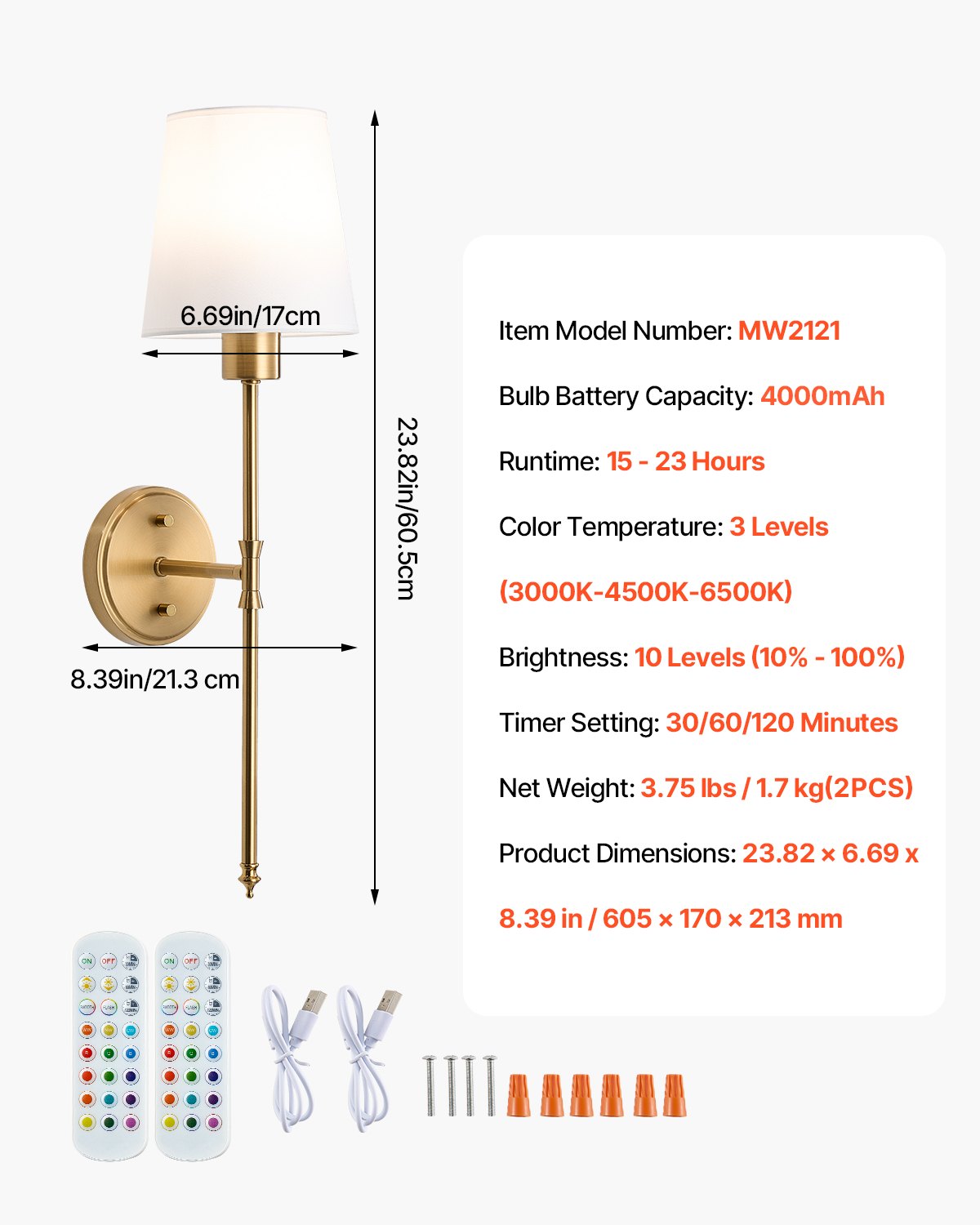 VEVOR Battery Operated Wall Sconce Set of 2, 4000mAh Rechargeable Wireless Wall Lights with Remote Control, 30 Lighting Modes, 12 RGB Colors & Timer, Dimmable Wall Lamp for Living Room Bedroom Hallway - DTBDCDS2J000PDIBKV9 - view 8