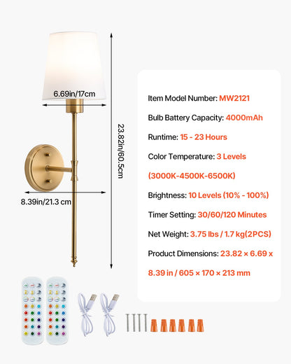 VEVOR Battery Operated Wall Sconce Set of 2, 4000mAh Rechargeable Wireless Wall Lights with Remote Control, 30 Lighting Modes, 12 RGB Colors & Timer, Dimmable Wall Lamp for Living Room Bedroom Hallway - DTBDCDS2J000PDIBKV9 - view 8