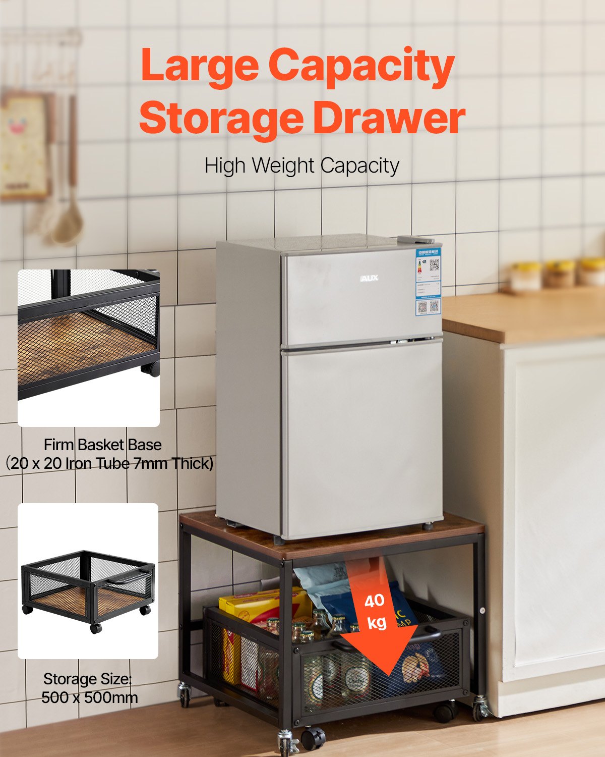 VEVOR Mini Fridge Stand with Storage, 198 lbs Mini Fridge Table with Movable Storage Cart & Swivel Wheels, Beverage Refrigerator Stand for Coffee Bar, Mini Fridge Organizer for Home Dorm, Light Brown - DTCKMNBXZJ1C1W7AXV0 - view 4
