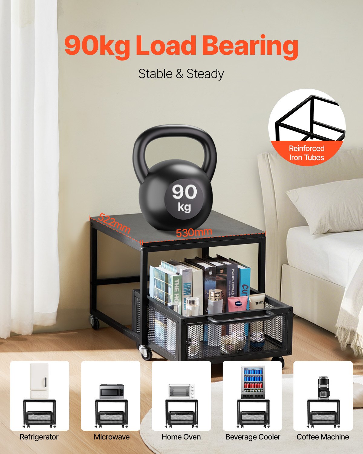 VEVOR Mini Fridge Stand with Storage, 198 lbs Mini Fridge Table with Movable Storage Cart & Swivel Wheels, Beverage Refrigerator Stand for Coffee Bar, Mini Fridge Organizer for Office Home Dorm, Black - DTCKMNBXZJ1C30NWZV0 - view 3