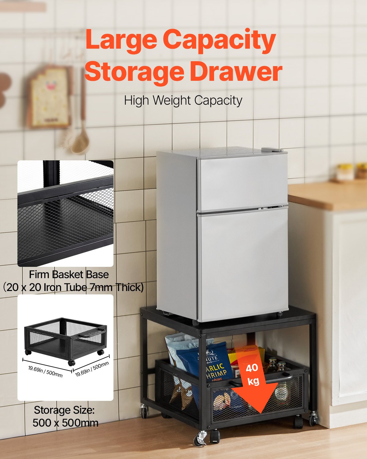 VEVOR Mini Fridge Stand with Storage, 198 lbs Mini Fridge Table with Movable Storage Cart & Swivel Wheels, Beverage Refrigerator Stand for Coffee Bar, Mini Fridge Organizer for Office Home Dorm, Black - DTCKMNBXZJ1C30NWZV0 - view 4