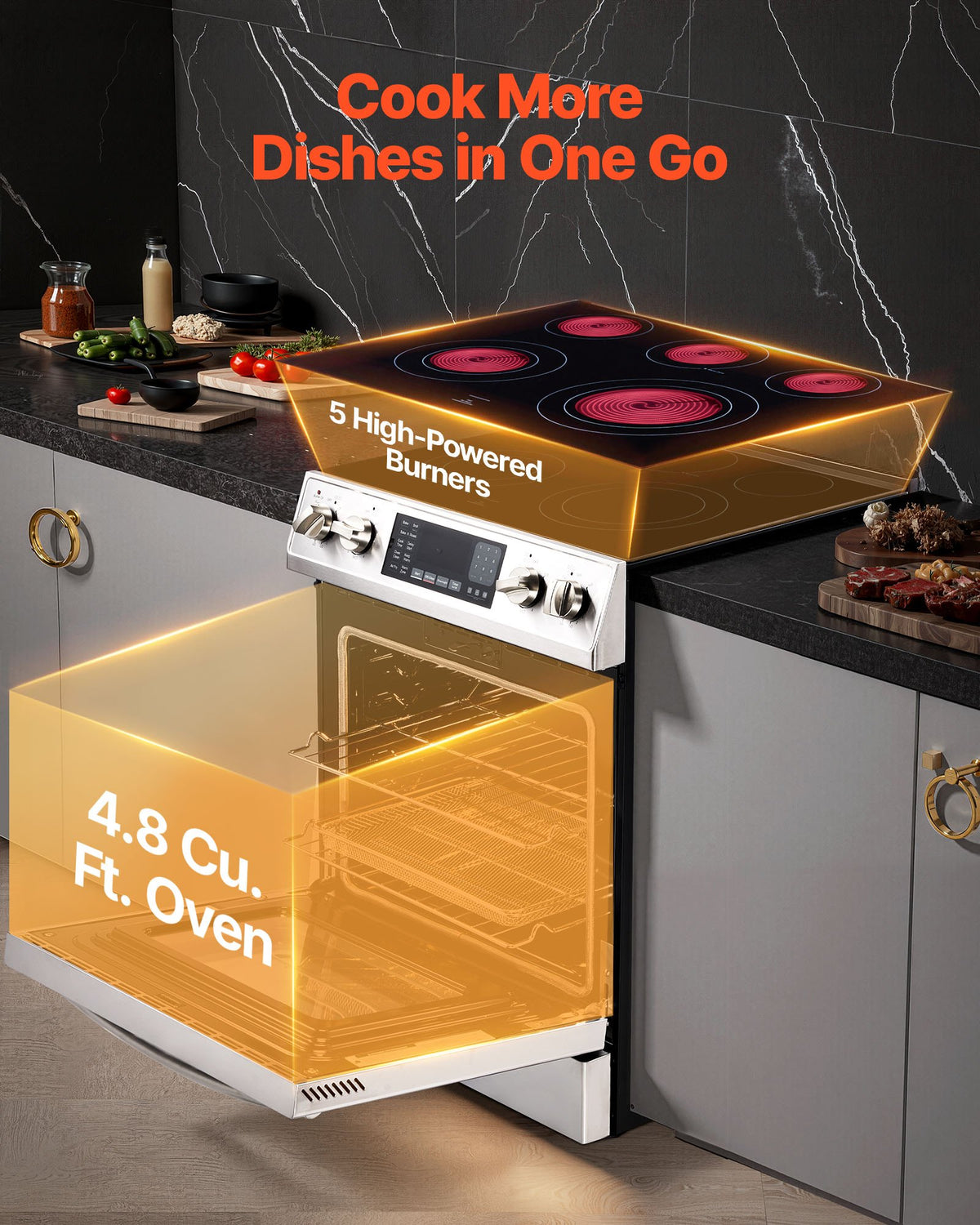 VEVOR 30 in Electric Range Oven, 4.8 Cu. Ft. Capacity Compact Freestanding Oven, Stainless Steel Kitchen Stove, with 5 Burners, Timer, Self-Cleaning, Easy Reach Racks, Storage Drawer(No Power Cord) - DTLKDL30YCSJ2KJQ8001V8 - view 3