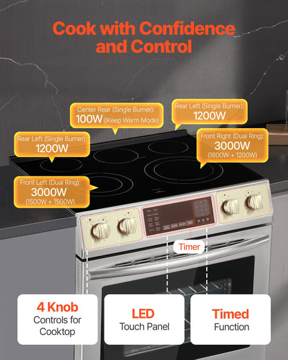 VEVOR 30 in Electric Range Oven, 4.8 Cu. Ft. Capacity Compact Freestanding Oven, Stainless Steel Kitchen Stove, with 5 Burners, Timer, Self-Cleaning, Easy Reach Racks, Storage Drawer(No Power Cord) - DTLKDL30YCSJ2KJQ8001V8 - view 4