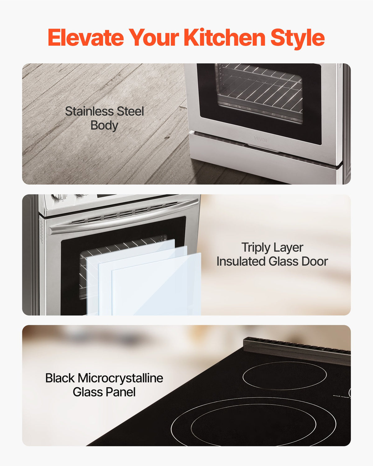 VEVOR 30 in Electric Range Oven, 4.8 Cu. Ft. Capacity Compact Freestanding Oven, Stainless Steel Kitchen Stove, with 5 Burners, Timer, Self-Cleaning, Easy Reach Racks, Storage Drawer(No Power Cord) - DTLKDL30YCSJ2KJQ8001V8 - view 6