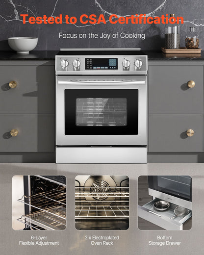 VEVOR 30 in Electric Range Oven, 4.8 Cu. Ft. Capacity Compact Freestanding Oven, Stainless Steel Kitchen Stove, with 5 Burners, Timer, Self-Cleaning, Easy Reach Racks, Storage Drawer(No Power Cord) - DTLKDL30YCSJ2KJQ8001V8 - view 7