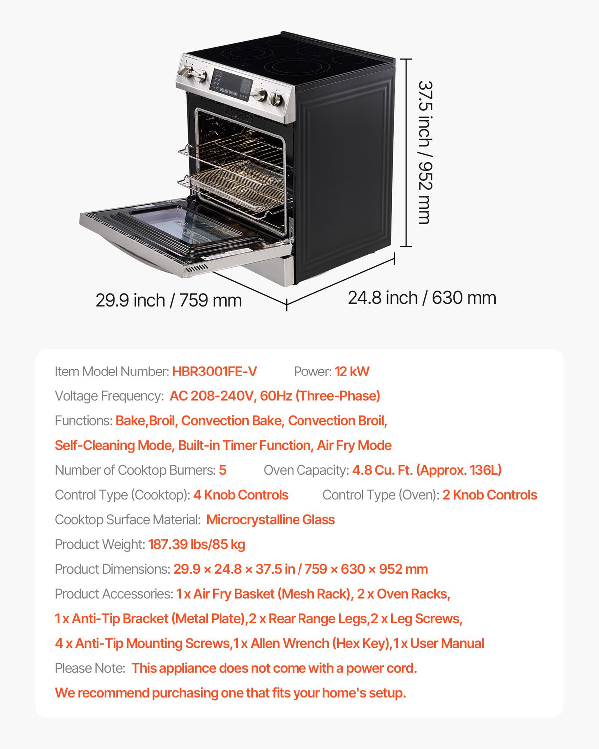 VEVOR 30 in Electric Range Oven, 4.8 Cu. Ft. Capacity Compact Freestanding Oven, Stainless Steel Kitchen Stove, with 5 Burners, Timer, Self-Cleaning, Easy Reach Racks, Storage Drawer(No Power Cord) - DTLKDL30YCSJ2KJQ8001V8 - view 8