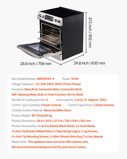 VEVOR 30 in Electric Range Oven, 4.8 Cu. Ft. Capacity Compact Freestanding Oven, Stainless Steel Kitchen Stove, with 5 Burners, Timer, Self-Cleaning, Easy Reach Racks, Storage Drawer(No Power Cord) - DTLKDL30YCSJ2KJQ8001V8 - view 8