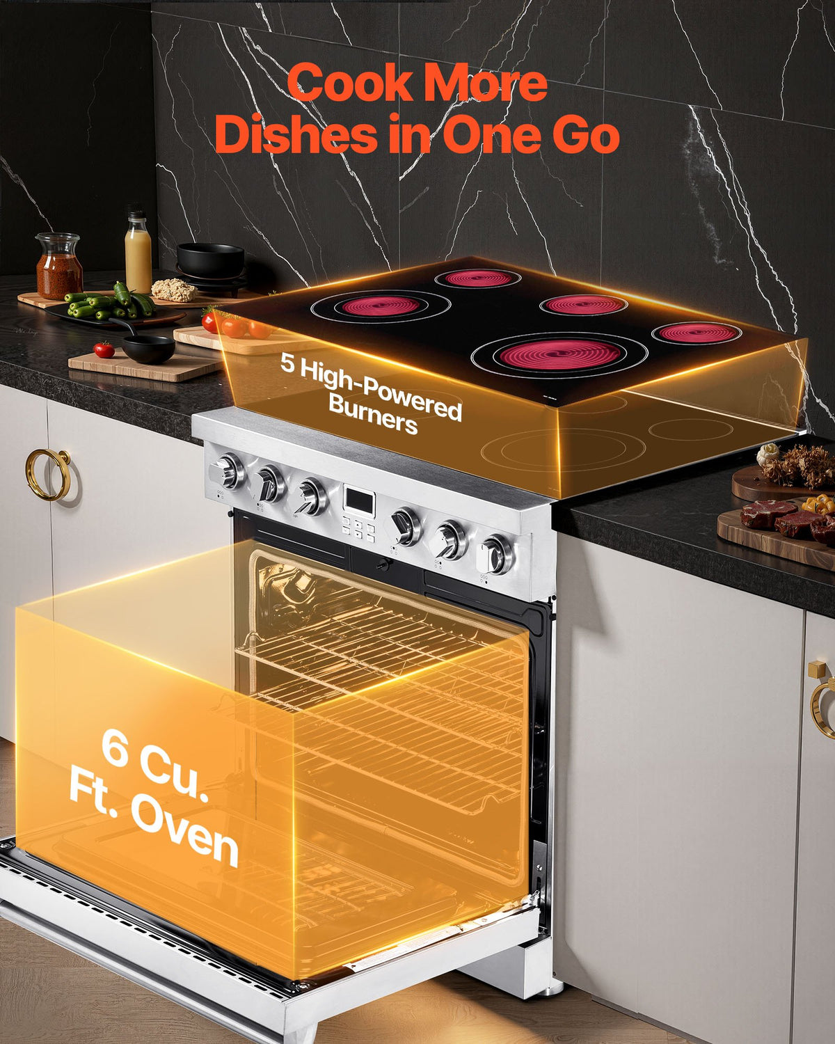 VEVOR 36 in Electric Range Oven, 6.0 Cu. Ft. Capacity Compact Freestanding Oven, Stainless Steel Kitchen Stove, with 5 Burners, Digital Screen Button Control, Easy Reach Racks for RV(No Power Cord) - DTLKDL36YCJCC55O6001V8 - view 3