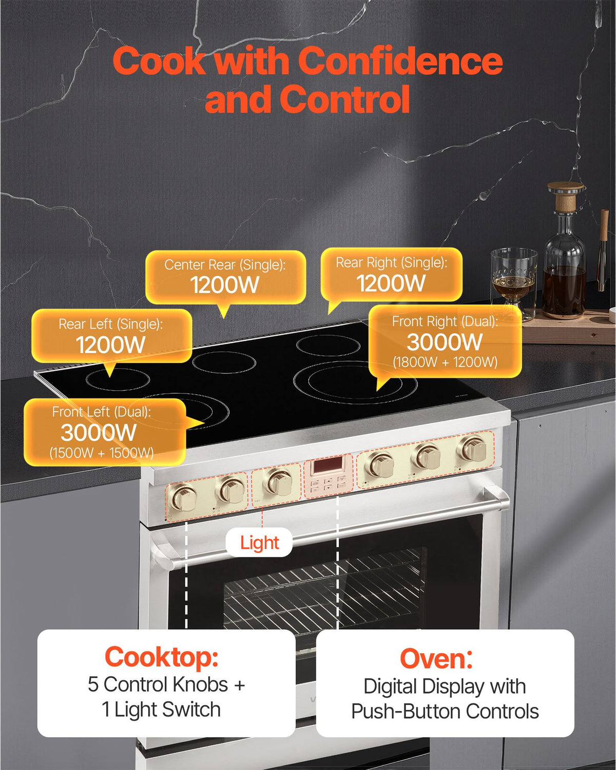 VEVOR 36 in Electric Range Oven, 6.0 Cu. Ft. Capacity Compact Freestanding Oven, Stainless Steel Kitchen Stove, with 5 Burners, Digital Screen Button Control, Easy Reach Racks for RV(No Power Cord) - DTLKDL36YCJCC55O6001V8 - view 4