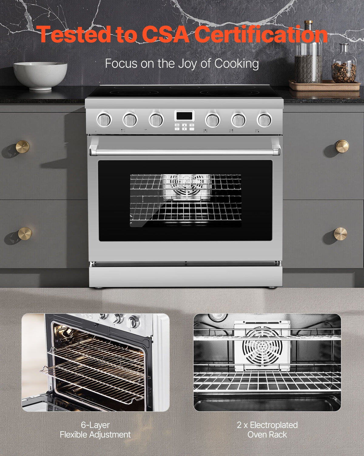 VEVOR 36 in Electric Range Oven, 6.0 Cu. Ft. Capacity Compact Freestanding Oven, Stainless Steel Kitchen Stove, with 5 Burners, Digital Screen Button Control, Easy Reach Racks for RV(No Power Cord) - DTLKDL36YCJCC55O6001V8 - view 7