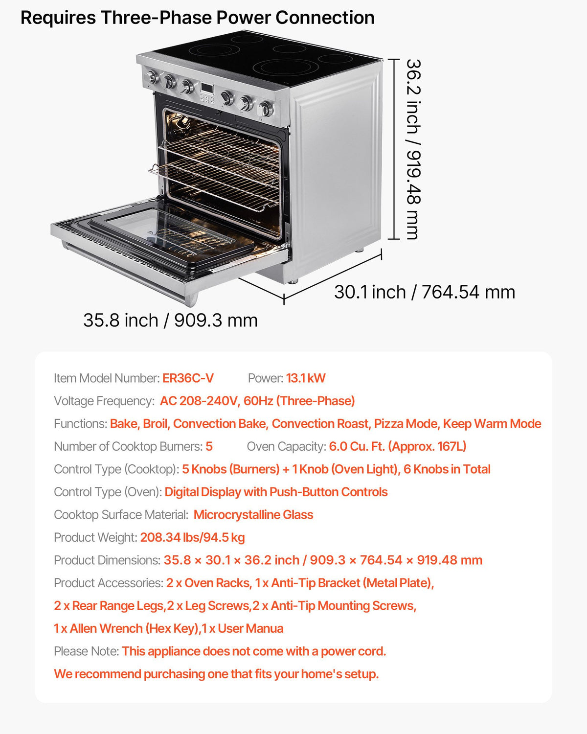 VEVOR 36 in Electric Range Oven, 6.0 Cu. Ft. Capacity Compact Freestanding Oven, Stainless Steel Kitchen Stove, with 5 Burners, Digital Screen Button Control, Easy Reach Racks for RV(No Power Cord) - DTLKDL36YCJCC55O6001V8 - view 8