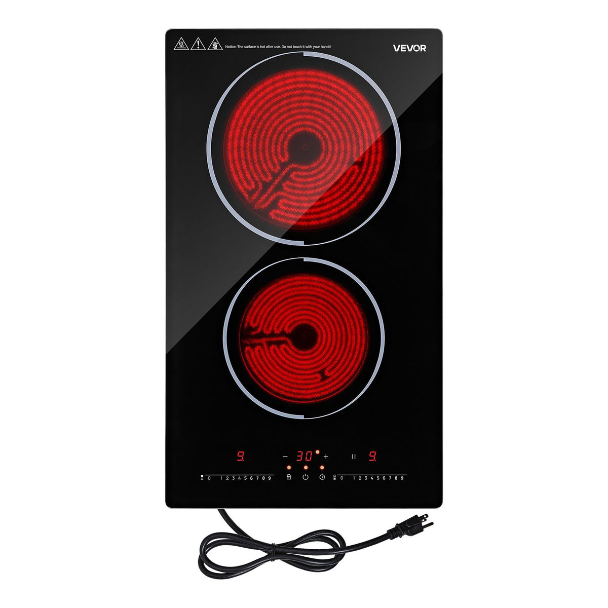 VEVOR Electric Cooktop 12inch 2 Burners Portable Stove Top 1800W 120V, Ceramic Countertop/Built-in Radiant Electric Stove, with 9 Power Levels, Timer, Child Lock, Over-Heat Guard, Touch Control - DTLQRS2BURNE1J3N5001V1 - view 1