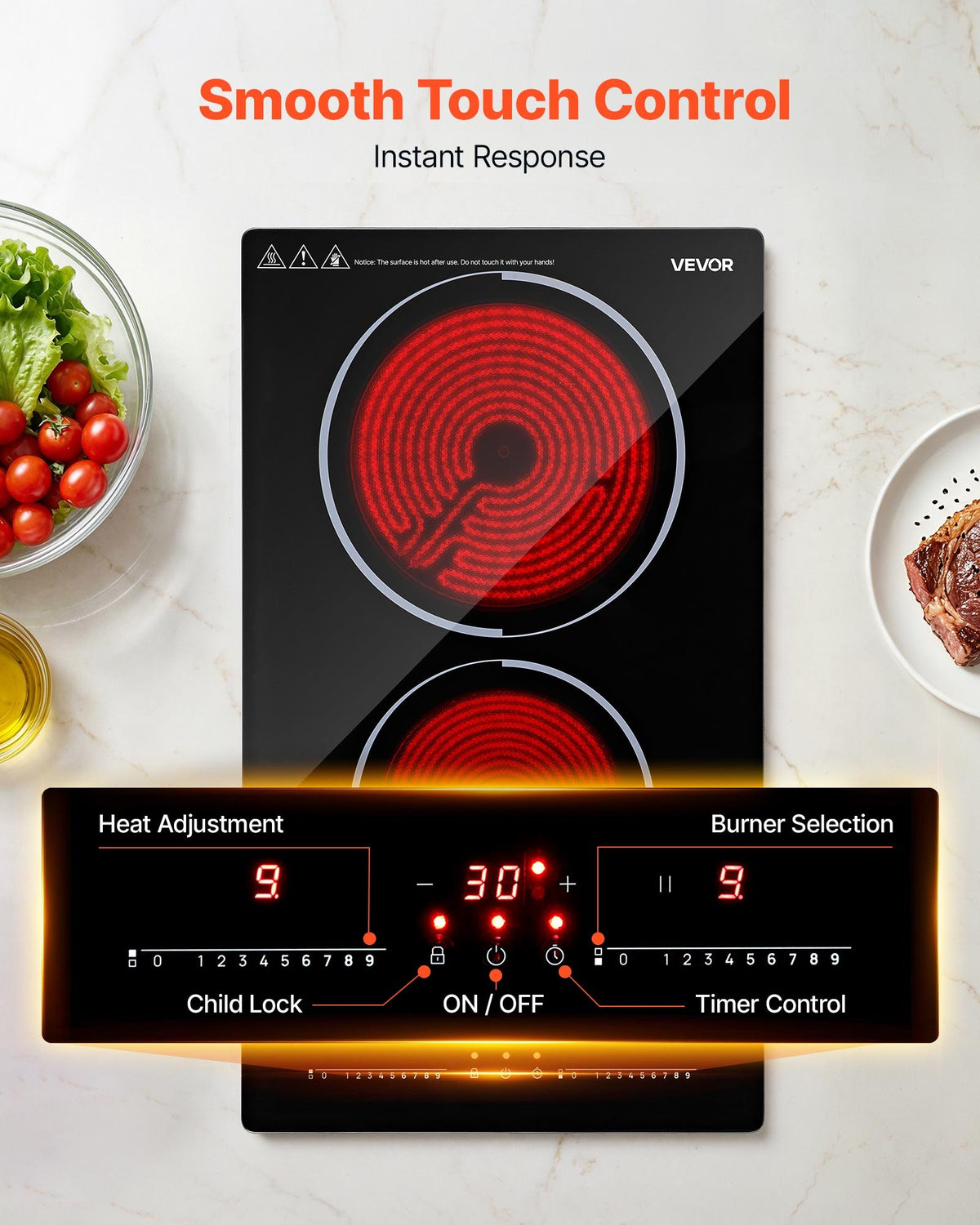 VEVOR Electric Cooktop 12inch 2 Burners Portable Stove Top 1800W 120V, Ceramic Countertop/Built-in Radiant Electric Stove, with 9 Power Levels, Timer, Child Lock, Over-Heat Guard, Touch Control - DTLQRS2BURNE1J3N5001V1 - view 4