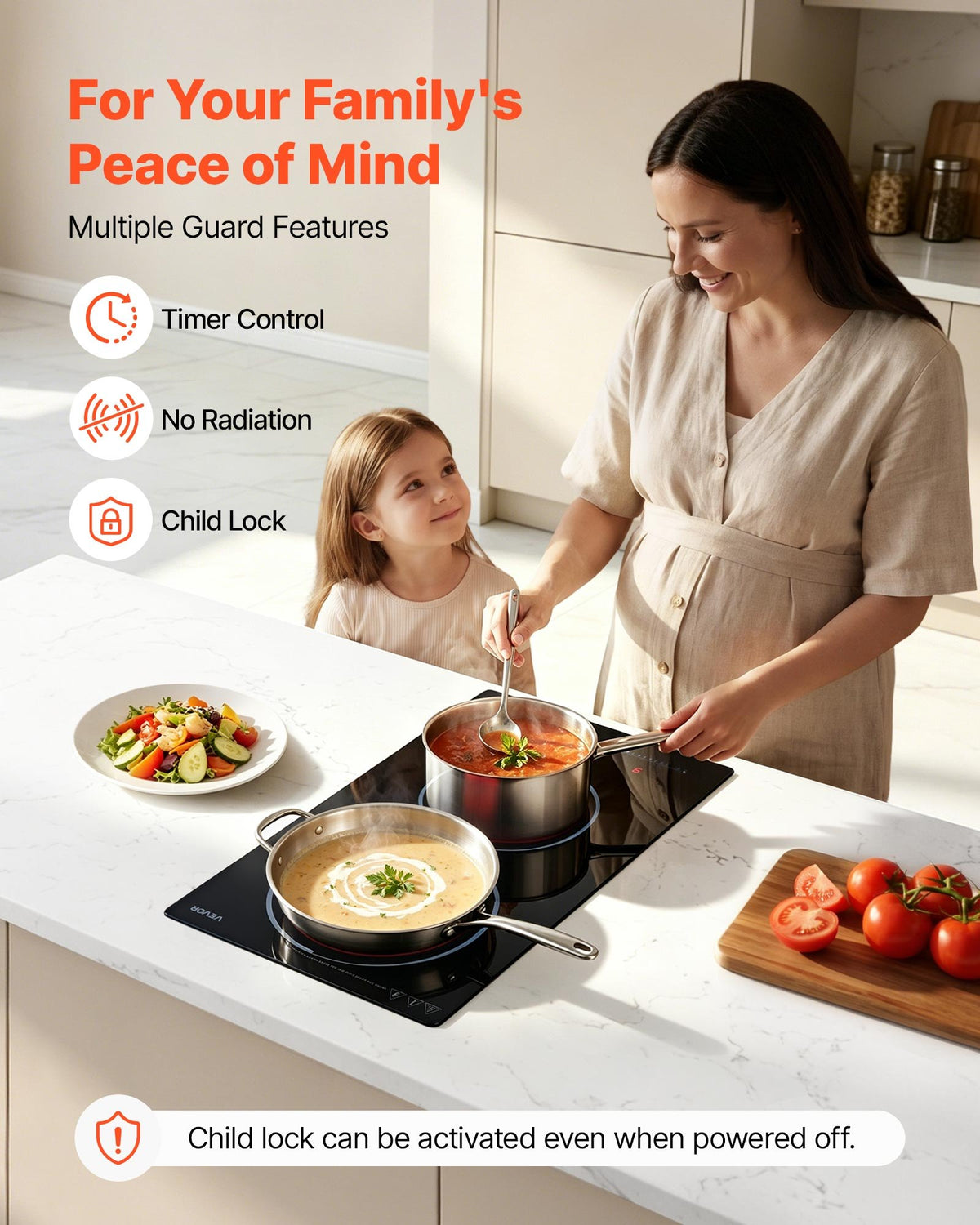 VEVOR Electric Cooktop 12inch 2 Burners Portable Stove Top 1800W 120V, Ceramic Countertop/Built-in Radiant Electric Stove, with 9 Power Levels, Timer, Child Lock, Over-Heat Guard, Touch Control - DTLQRS2BURNE1J3N5001V1 - view 6