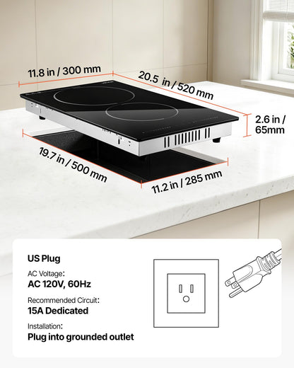 VEVOR Electric Cooktop 12inch 2 Burners Portable Stove Top 1800W 120V, Ceramic Countertop/Built-in Radiant Electric Stove, with 9 Power Levels, Timer, Child Lock, Over-Heat Guard, Touch Control - DTLQRS2BURNE1J3N5001V1 - view 8
