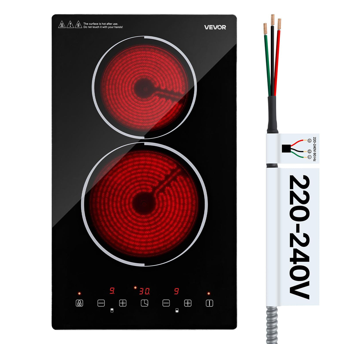 VEVOR Electric Cooktop 12inch 2 Burners Stove Top 3000W 220V No Plug, Ceramic Built-in Radiant Electric Stove, with 9 Power Levels, Timer, Child Lock, Over-Heat Guard, Touch Control - DTLQRS2BURNEHGOTK001V7 - view 1