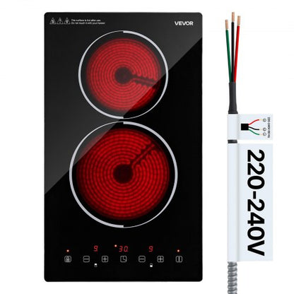 VEVOR Electric Cooktop 12inch 2 Burners Stove Top 3000W 220V No Plug, Ceramic Built-in Radiant Electric Stove, with 9 Power Levels, Timer, Child Lock, Over-Heat Guard, Touch Control - DTLQRS2BURNEHGOTK001V7 - view 2