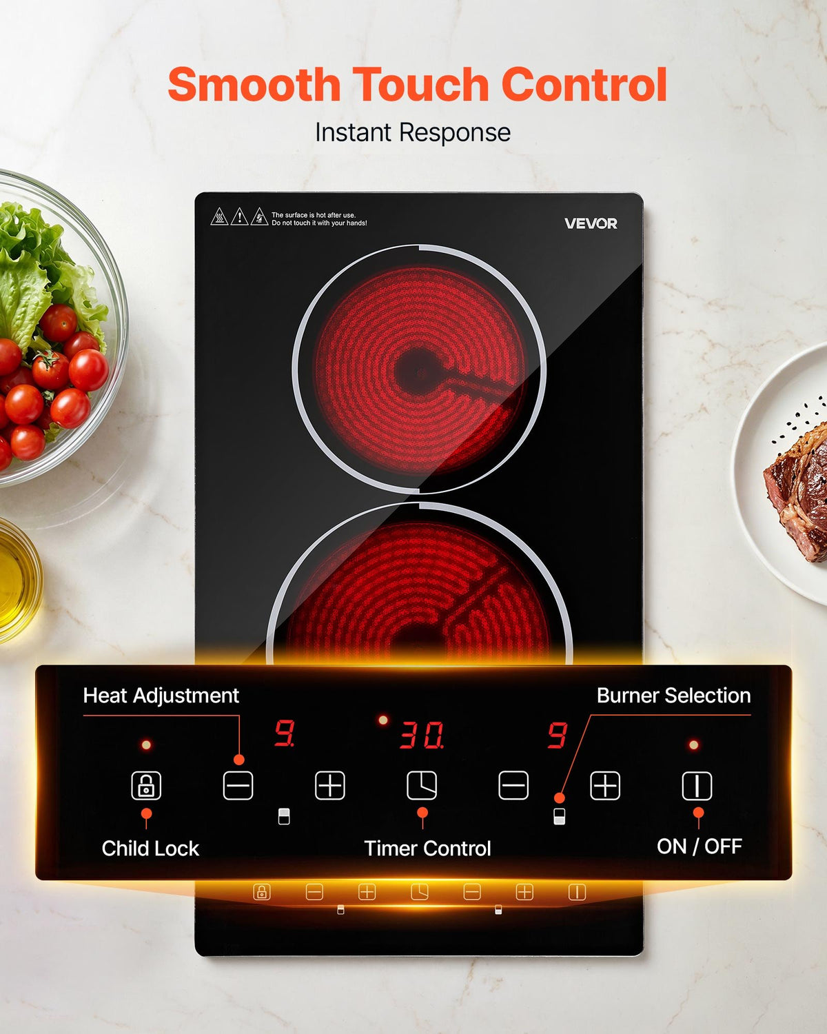 VEVOR Electric Cooktop 12inch 2 Burners Stove Top 3000W 220V No Plug, Ceramic Built-in Radiant Electric Stove, with 9 Power Levels, Timer, Child Lock, Over-Heat Guard, Touch Control - DTLQRS2BURNEHGOTK001V7 - view 4