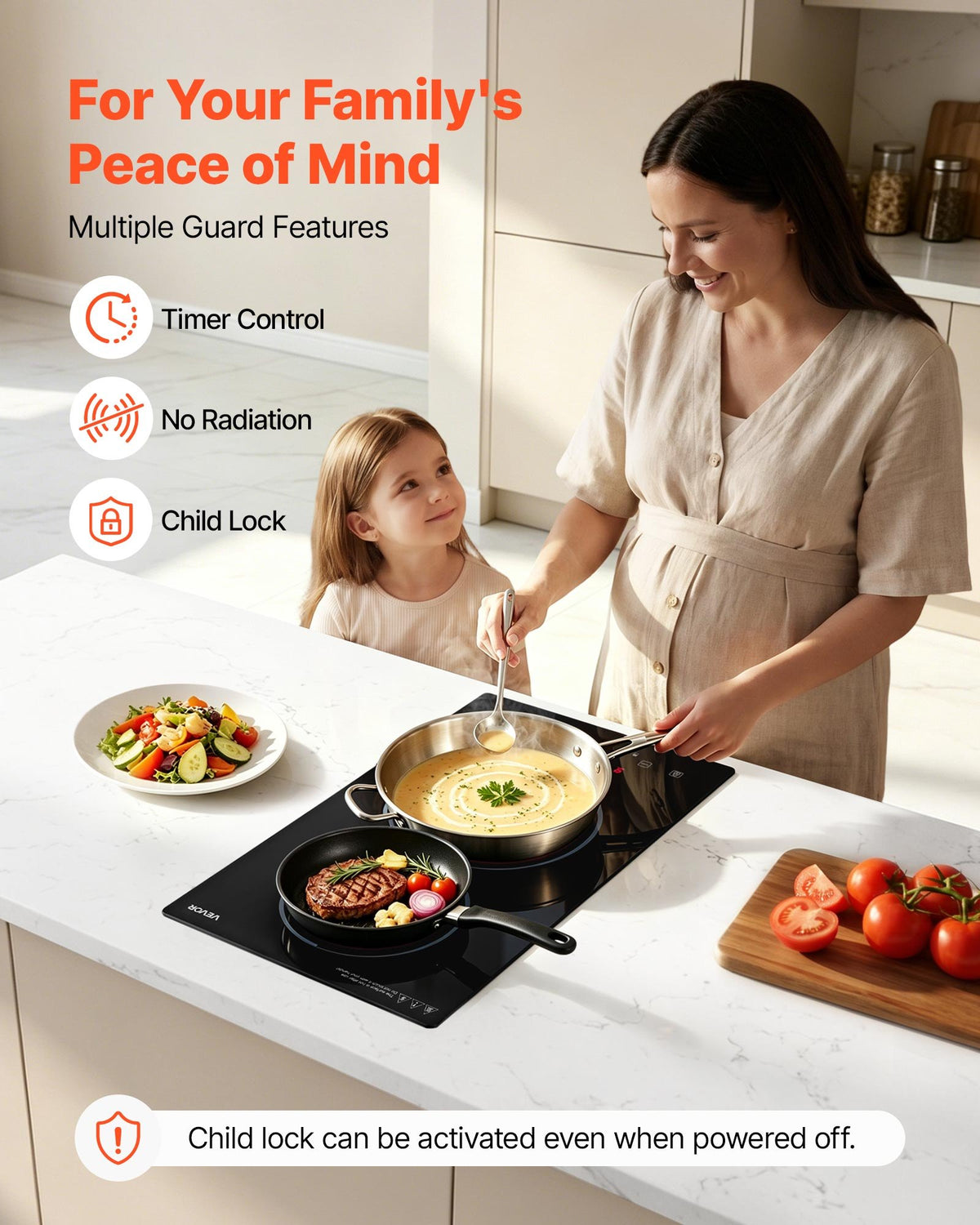VEVOR Electric Cooktop 12inch 2 Burners Stove Top 3000W 220V No Plug, Ceramic Built-in Radiant Electric Stove, with 9 Power Levels, Timer, Child Lock, Over-Heat Guard, Touch Control - DTLQRS2BURNEHGOTK001V7 - view 6