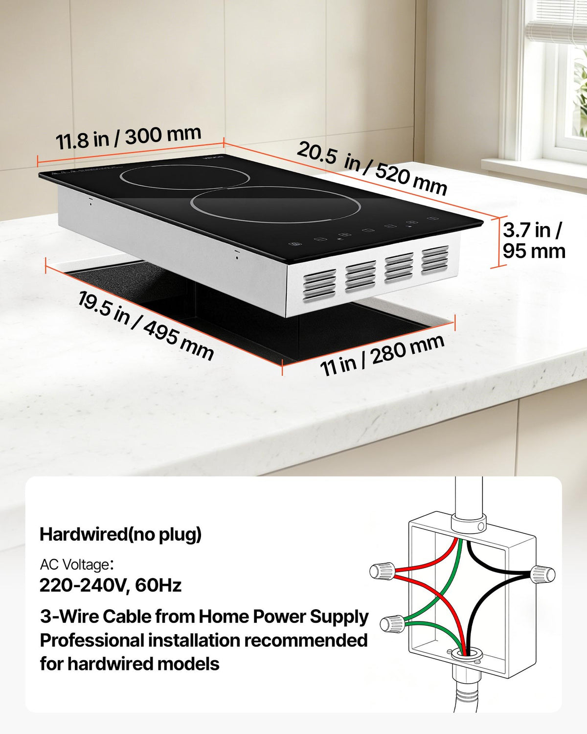 VEVOR Electric Cooktop 12inch 2 Burners Stove Top 3000W 220V No Plug, Ceramic Built-in Radiant Electric Stove, with 9 Power Levels, Timer, Child Lock, Over-Heat Guard, Touch Control - DTLQRS2BURNEHGOTK001V7 - view 8