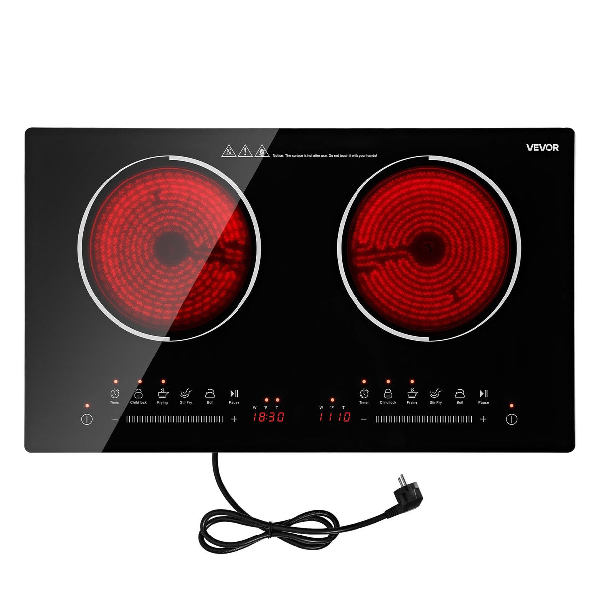 VEVOR Electric Cooktop 24inch 2 Burners Portable Stove Top 1800W 120V, Ceramic Countertop/Built-in Radiant Electric Stove , with 9 Power Levels, Timer, Child Lock, Over-Heat Guard, Touch Control - DTLQRS2BURNEI1AOQ001V1 - view 1