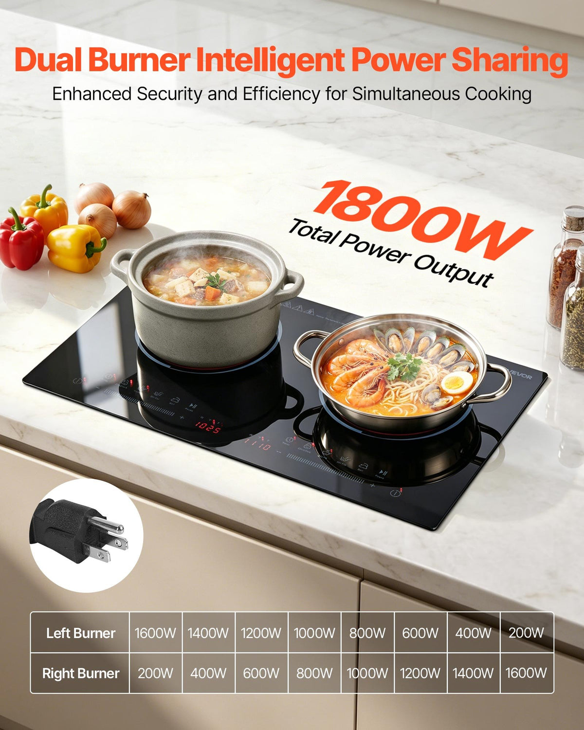 VEVOR Electric Cooktop 24inch 2 Burners Portable Stove Top 1800W 120V, Ceramic Countertop/Built-in Radiant Electric Stove , with 9 Power Levels, Timer, Child Lock, Over-Heat Guard, Touch Control - DTLQRS2BURNEI1AOQ001V1 - view 3