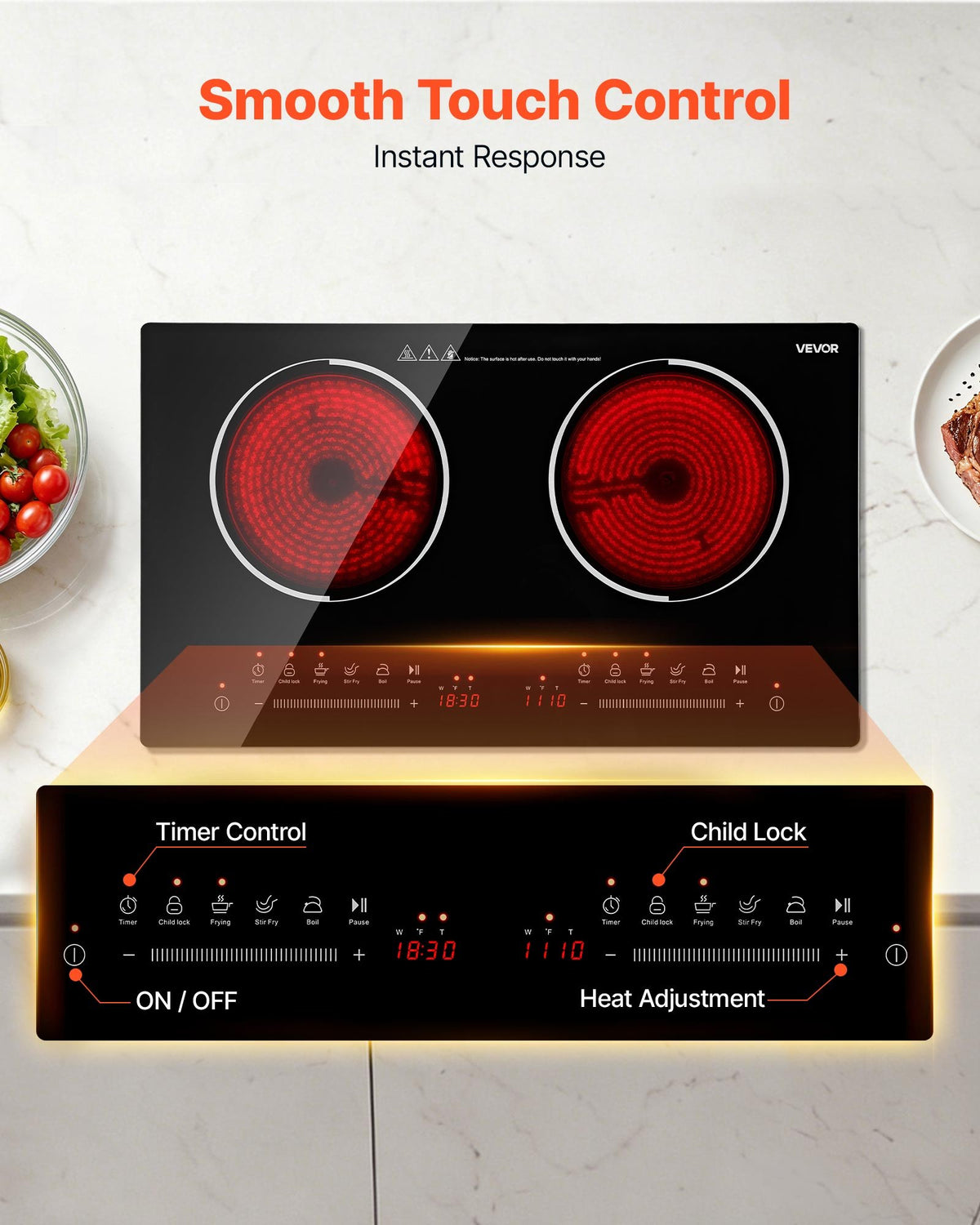 VEVOR Electric Cooktop 24inch 2 Burners Portable Stove Top 1800W 120V, Ceramic Countertop/Built-in Radiant Electric Stove , with 9 Power Levels, Timer, Child Lock, Over-Heat Guard, Touch Control - DTLQRS2BURNEI1AOQ001V1 - view 4
