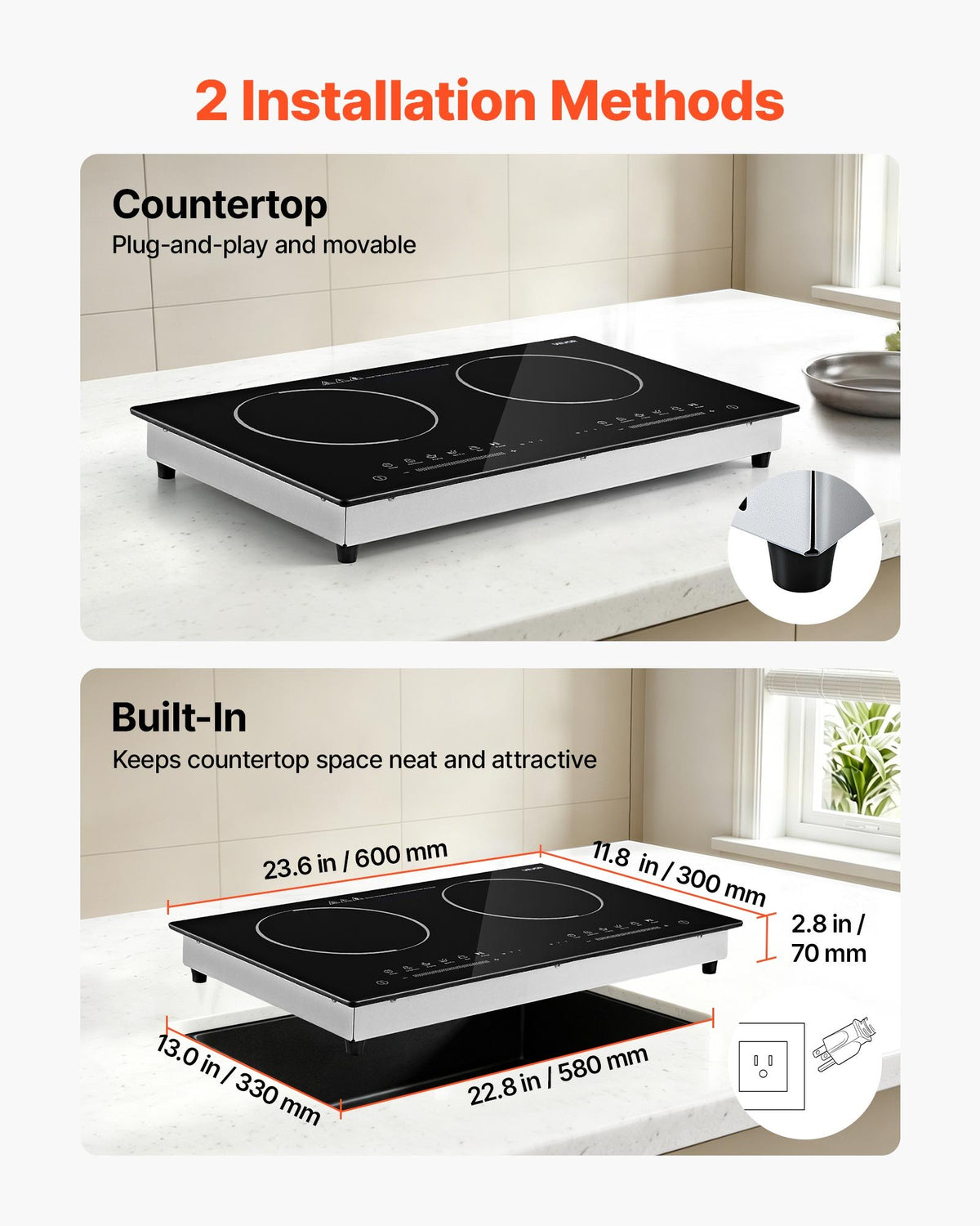 VEVOR Electric Cooktop 24inch 2 Burners Portable Stove Top 1800W 120V, Ceramic Countertop/Built-in Radiant Electric Stove , with 9 Power Levels, Timer, Child Lock, Over-Heat Guard, Touch Control - DTLQRS2BURNEI1AOQ001V1 - view 5
