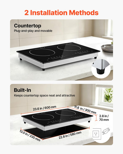 VEVOR Electric Cooktop 24inch 2 Burners Portable Stove Top 1800W 120V, Ceramic Countertop/Built-in Radiant Electric Stove , with 9 Power Levels, Timer, Child Lock, Over-Heat Guard, Touch Control - DTLQRS2BURNEI1AOQ001V1 - view 5