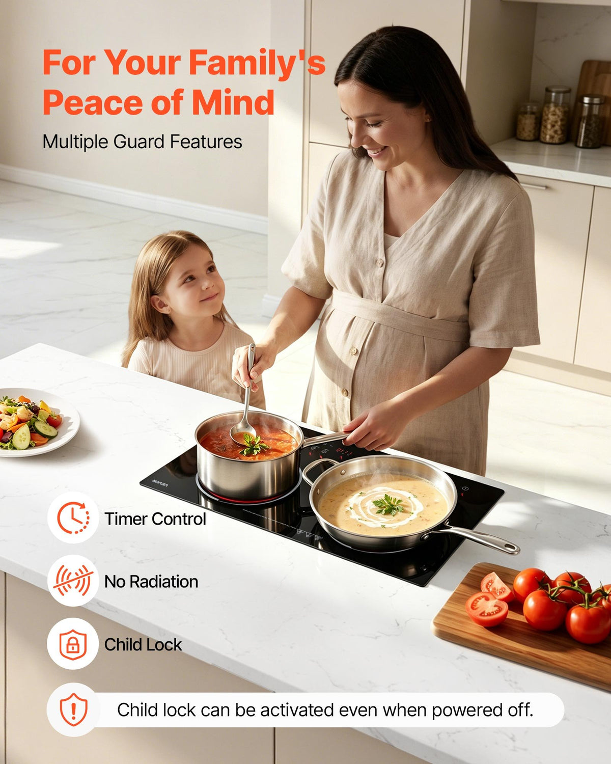 VEVOR Electric Cooktop 24inch 2 Burners Portable Stove Top 1800W 120V, Ceramic Countertop/Built-in Radiant Electric Stove , with 9 Power Levels, Timer, Child Lock, Over-Heat Guard, Touch Control - DTLQRS2BURNEI1AOQ001V1 - view 6