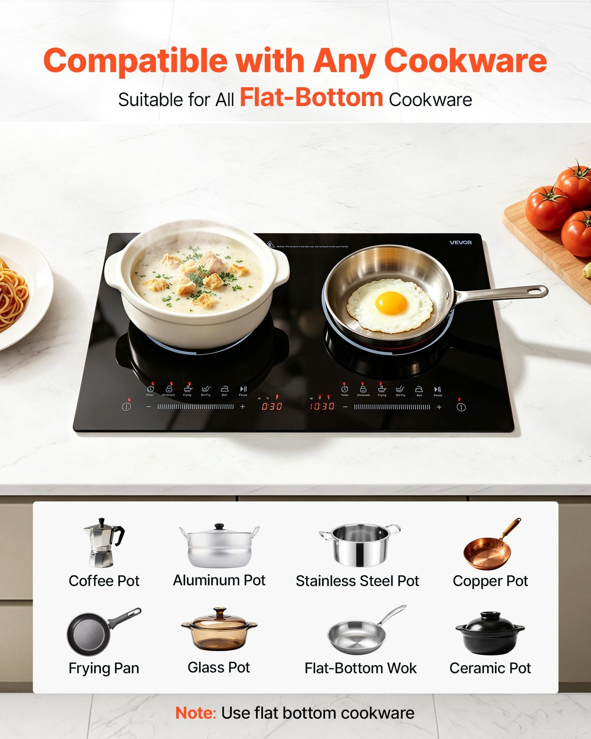 VEVOR Electric Cooktop 24inch 2 Burners Portable Stove Top 1800W 120V, Ceramic Countertop/Built-in Radiant Electric Stove , with 9 Power Levels, Timer, Child Lock, Over-Heat Guard, Touch Control - DTLQRS2BURNEI1AOQ001V1 - view 7