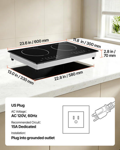 VEVOR Electric Cooktop 24inch 2 Burners Portable Stove Top 1800W 120V, Ceramic Countertop/Built-in Radiant Electric Stove , with 9 Power Levels, Timer, Child Lock, Over-Heat Guard, Touch Control - DTLQRS2BURNEI1AOQ001V1 - view 8
