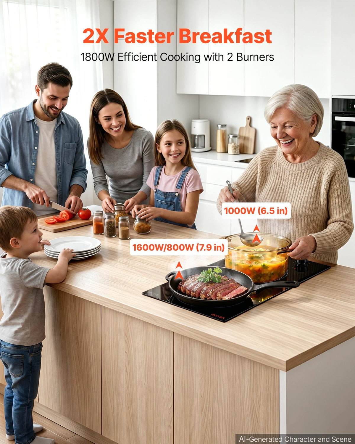 VEVOR Electric Cooktop 12in 2 Burners Portable Stove Top 1800W 120V Plug In, Ceramic Countertop/Built-in Radiant Electric Stove , with 11 Power Levels, Over-Heat Guard, Knob Control - DTLQRS2BURNEMFG2D001V1 - view 3