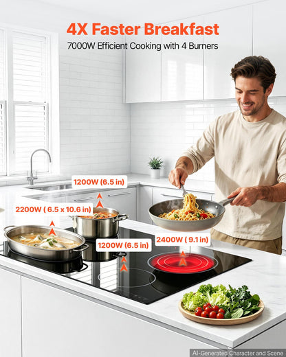VEVOR Electric Cooktop 30inch 4 Burners Stove Top 7000W 220V No Plug, Ceramic Built-in Radiant Electric Stove , with 9 Power Levels, Timer, Child Lock, Over-Heat Guard, Touch Control - DTLQRS4BURNEECOXU001V7 - view 3