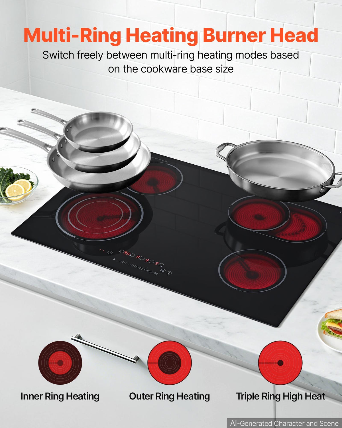 VEVOR Electric Cooktop 30inch 4 Burners Stove Top 7000W 220V No Plug, Ceramic Built-in Radiant Electric Stove , with 9 Power Levels, Timer, Child Lock, Over-Heat Guard, Touch Control - DTLQRS4BURNEECOXU001V7 - view 4