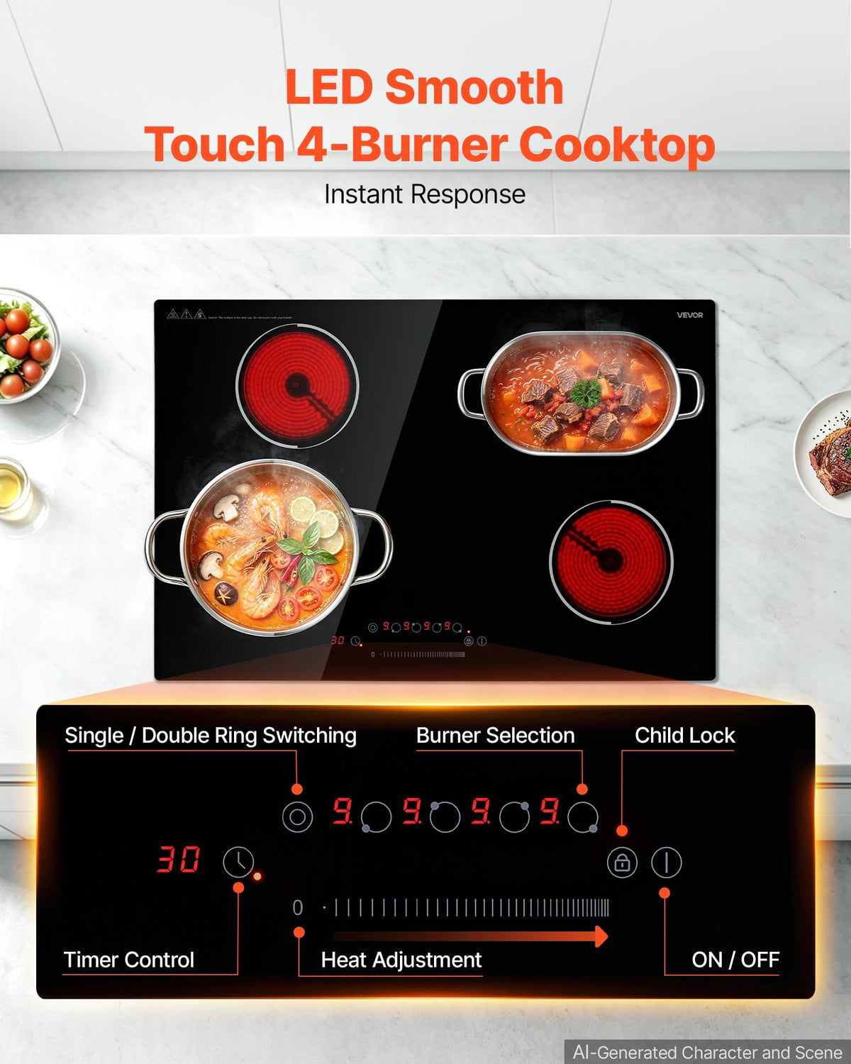 VEVOR Electric Cooktop 30inch 4 Burners Stove Top 7000W 220V No Plug, Ceramic Built-in Radiant Electric Stove , with 9 Power Levels, Timer, Child Lock, Over-Heat Guard, Touch Control - DTLQRS4BURNEECOXU001V7 - view 5