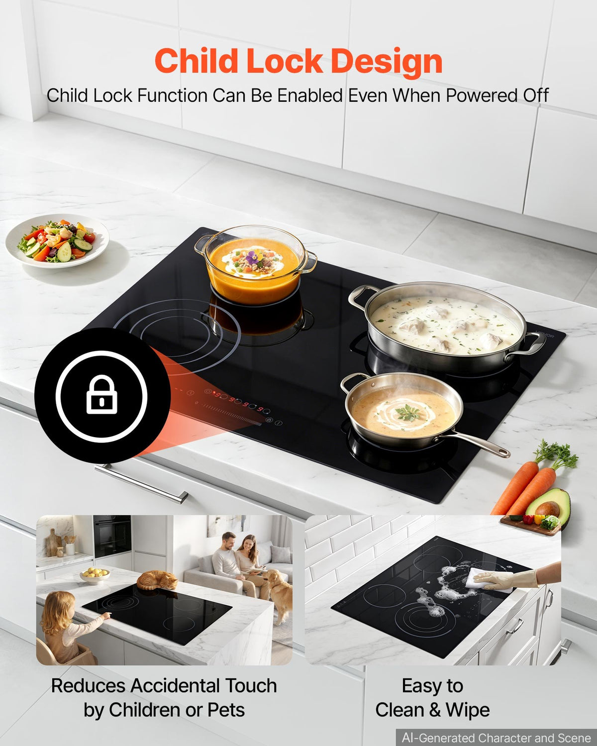 VEVOR Electric Cooktop 30inch 4 Burners Stove Top 7000W 220V No Plug, Ceramic Built-in Radiant Electric Stove , with 9 Power Levels, Timer, Child Lock, Over-Heat Guard, Touch Control - DTLQRS4BURNEECOXU001V7 - view 6