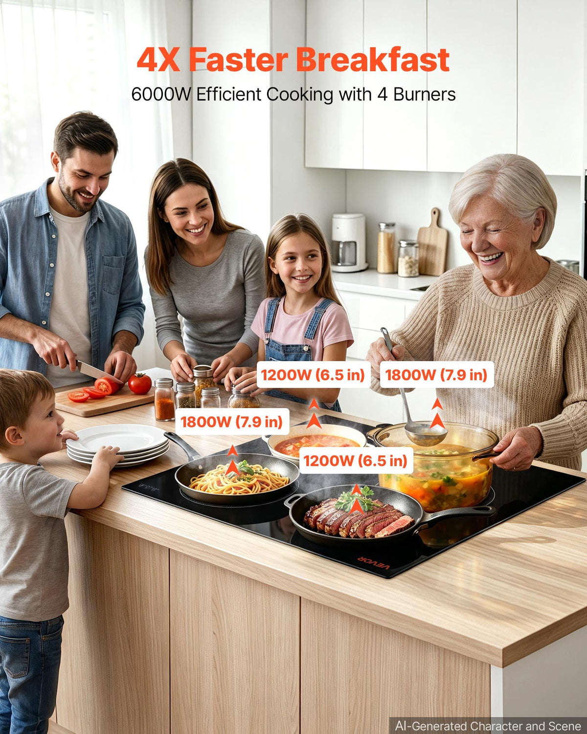 VEVOR Electric Cooktop 24inch 4 Burners Stove Top 6000W 220V No Plug, Ceramic Built-in Radiant Electric Stove , with 11 Power Levels, Over-Heat Guard, Knob Control, for Diverse Cooking Requirements - DTLQRS4BURNEKI9TC001V7 - view 3