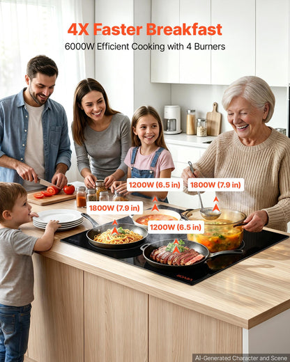 VEVOR Electric Cooktop 24inch 4 Burners Stove Top 6000W 220V No Plug, Ceramic Built-in Radiant Electric Stove , with 11 Power Levels, Over-Heat Guard, Knob Control, for Diverse Cooking Requirements - DTLQRS4BURNEKI9TC001V7 - view 3