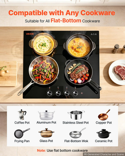 VEVOR Electric Cooktop 24inch 4 Burners Stove Top 6000W 220V No Plug, Ceramic Built-in Radiant Electric Stove , with 11 Power Levels, Over-Heat Guard, Knob Control, for Diverse Cooking Requirements - DTLQRS4BURNEKI9TC001V7 - view 4