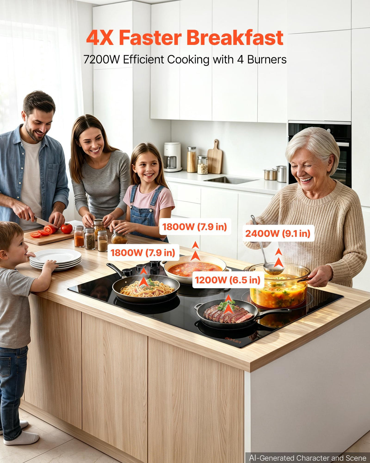 VEVOR Electric Cooktop 30inch 4 Burners Stove Top 7200W 220V No Plug, Ceramic Built-in Radiant Electric Stove , with 11 Power Levels, Over-Heat Guard, Knob/Touch Control - DTLQRS4BURNET165R001V7 - view 3