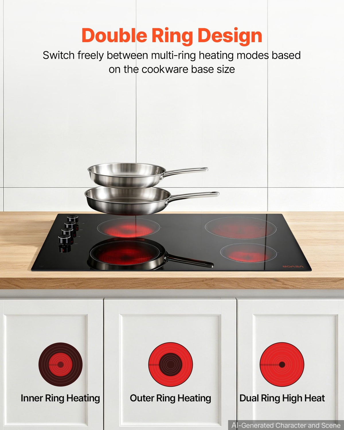 VEVOR Electric Cooktop 30inch 4 Burners Stove Top 7200W 220V No Plug, Ceramic Built-in Radiant Electric Stove , with 11 Power Levels, Over-Heat Guard, Knob/Touch Control - DTLQRS4BURNET165R001V7 - view 4