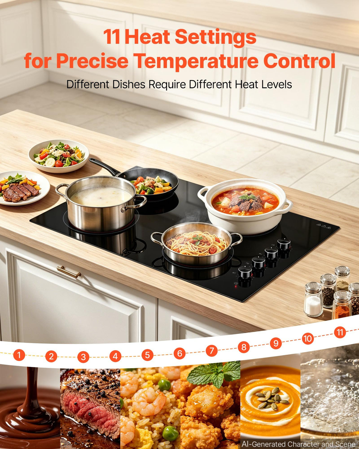 VEVOR Electric Cooktop 30inch 4 Burners Stove Top 7200W 220V No Plug, Ceramic Built-in Radiant Electric Stove , with 11 Power Levels, Over-Heat Guard, Knob/Touch Control - DTLQRS4BURNET165R001V7 - view 5