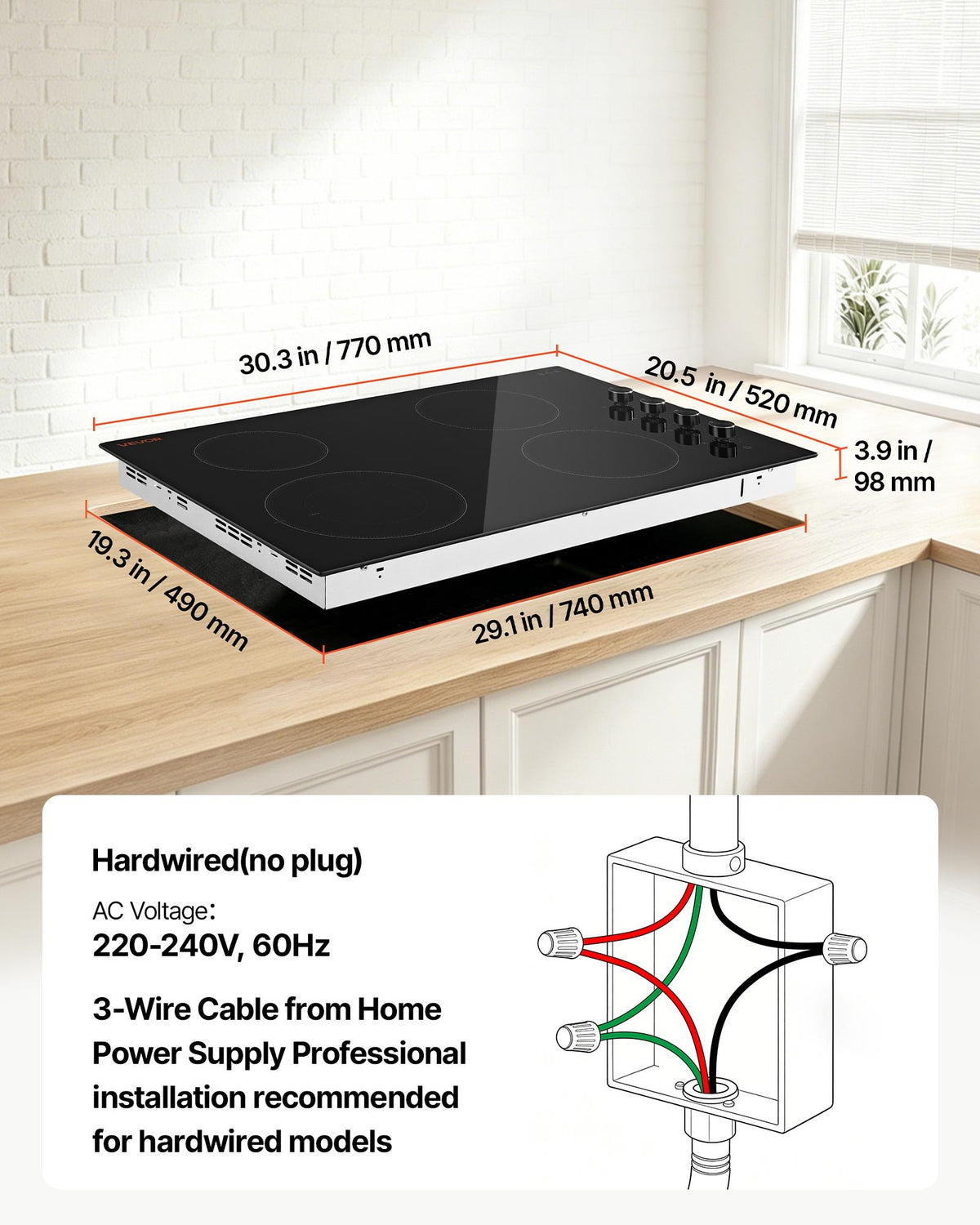 VEVOR Electric Cooktop 30inch 4 Burners Stove Top 7200W 220V No Plug, Ceramic Built-in Radiant Electric Stove , with 11 Power Levels, Over-Heat Guard, Knob/Touch Control - DTLQRS4BURNET165R001V7 - view 8