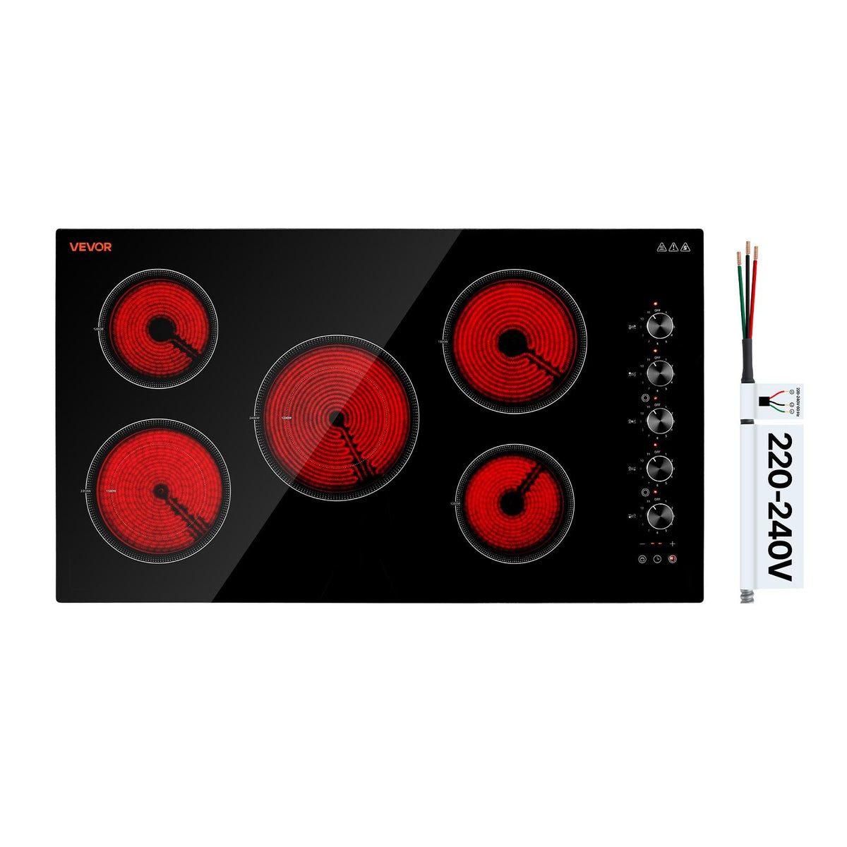 VEVOR Electric Cooktop 36inch 5 Burners Stove Top 8800W 220V No Plug, Ceramic Built-in Radiant Electric Stove , with 11 Power Levels, Timer, Child Lock, Over-Heat Guard, Knob/Touch Control - DTLQRS5GLT36BW9RI001V7 - view 1