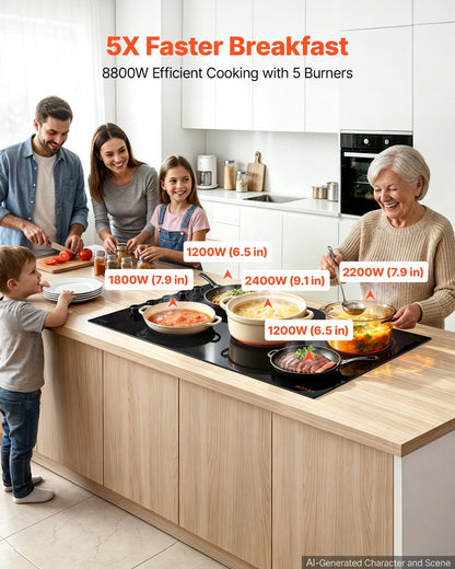 VEVOR Electric Cooktop 36inch 5 Burners Stove Top 8800W 220V No Plug, Ceramic Built-in Radiant Electric Stove , with 11 Power Levels, Timer, Child Lock, Over-Heat Guard, Knob/Touch Control - DTLQRS5GLT36BW9RI001V7 - view 3