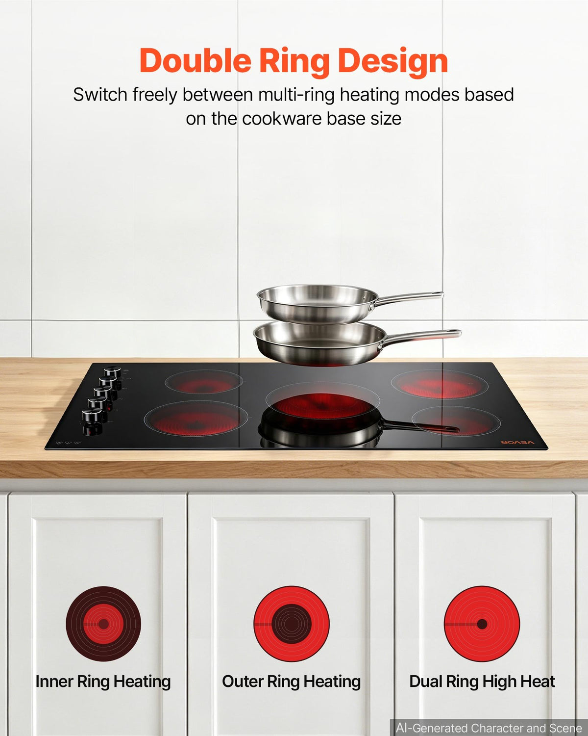 VEVOR Electric Cooktop 36inch 5 Burners Stove Top 8800W 220V No Plug, Ceramic Built-in Radiant Electric Stove , with 11 Power Levels, Timer, Child Lock, Over-Heat Guard, Knob/Touch Control - DTLQRS5GLT36BW9RI001V7 - view 4