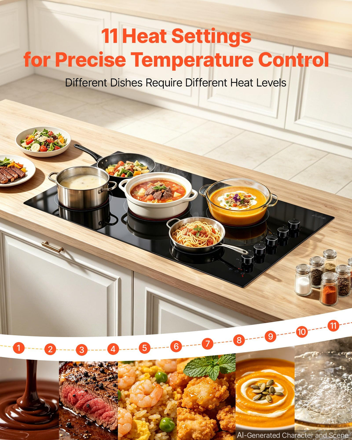VEVOR Electric Cooktop 36inch 5 Burners Stove Top 8800W 220V No Plug, Ceramic Built-in Radiant Electric Stove , with 11 Power Levels, Timer, Child Lock, Over-Heat Guard, Knob/Touch Control - DTLQRS5GLT36BW9RI001V7 - view 5
